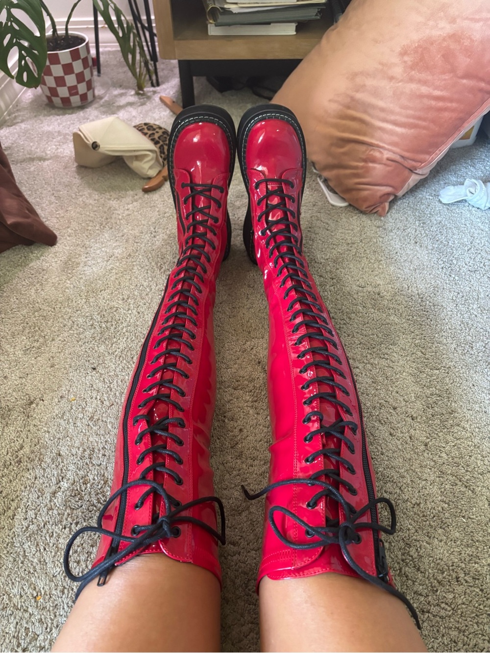 Platform Demonia Red Patent Over-the-Knee Lace-Up Boots